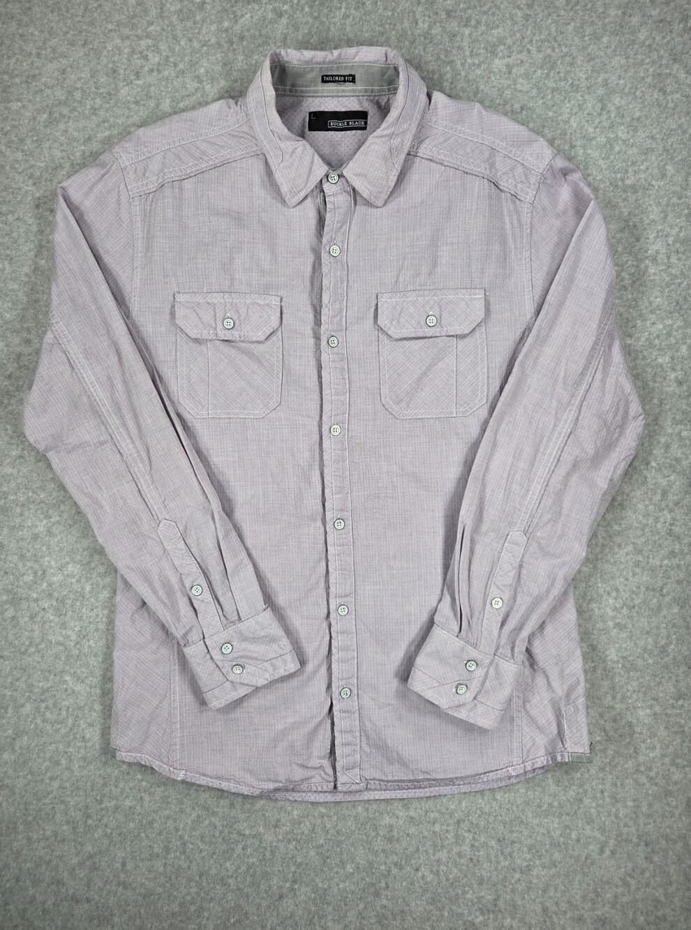 Buckle Black Shirt Mens Large Tailored Fit Purple Cotton Dobby Long Sleeve y2k